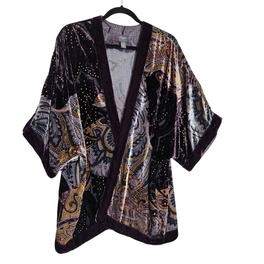 Travelers by Chicos Purple Paisley Burnout Velvet Kimono Wrap Studded S/M